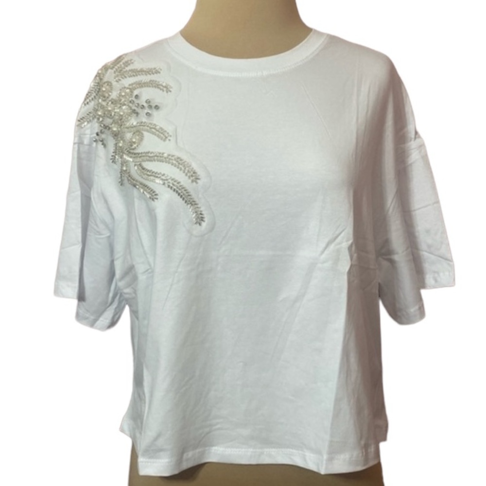 Over Apparel White Sequined Short Sleeve Top
